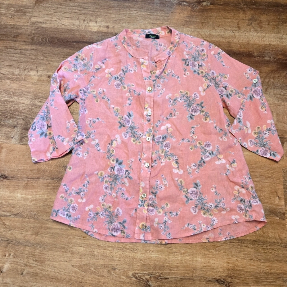 Cherish 100% Linen Multicolored Blouse Relaxed Buttoned Mandarin Collar